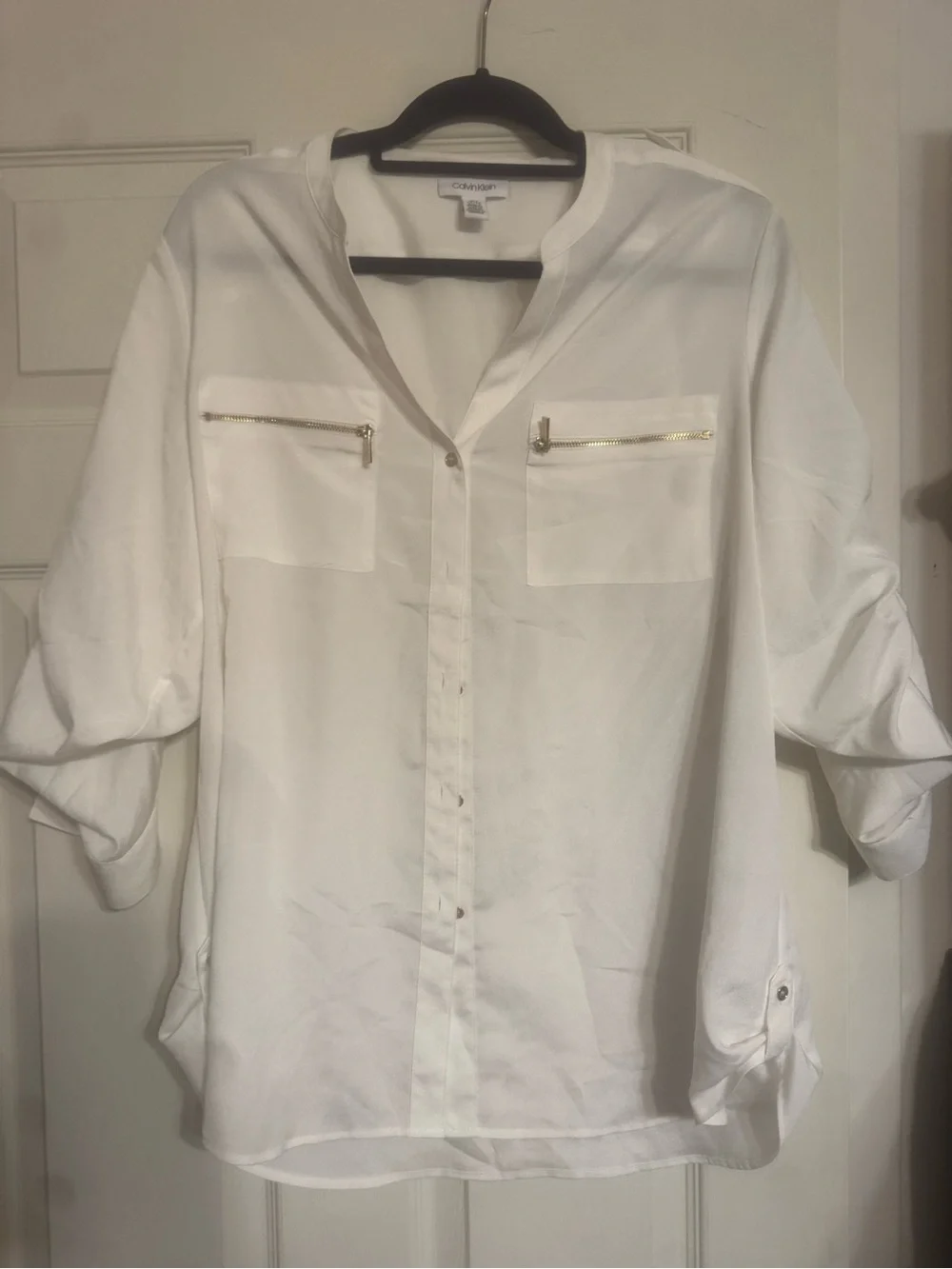 Calvin Klein White Button-Down Blouse with Gold Zippers & Gold Buttons - XL